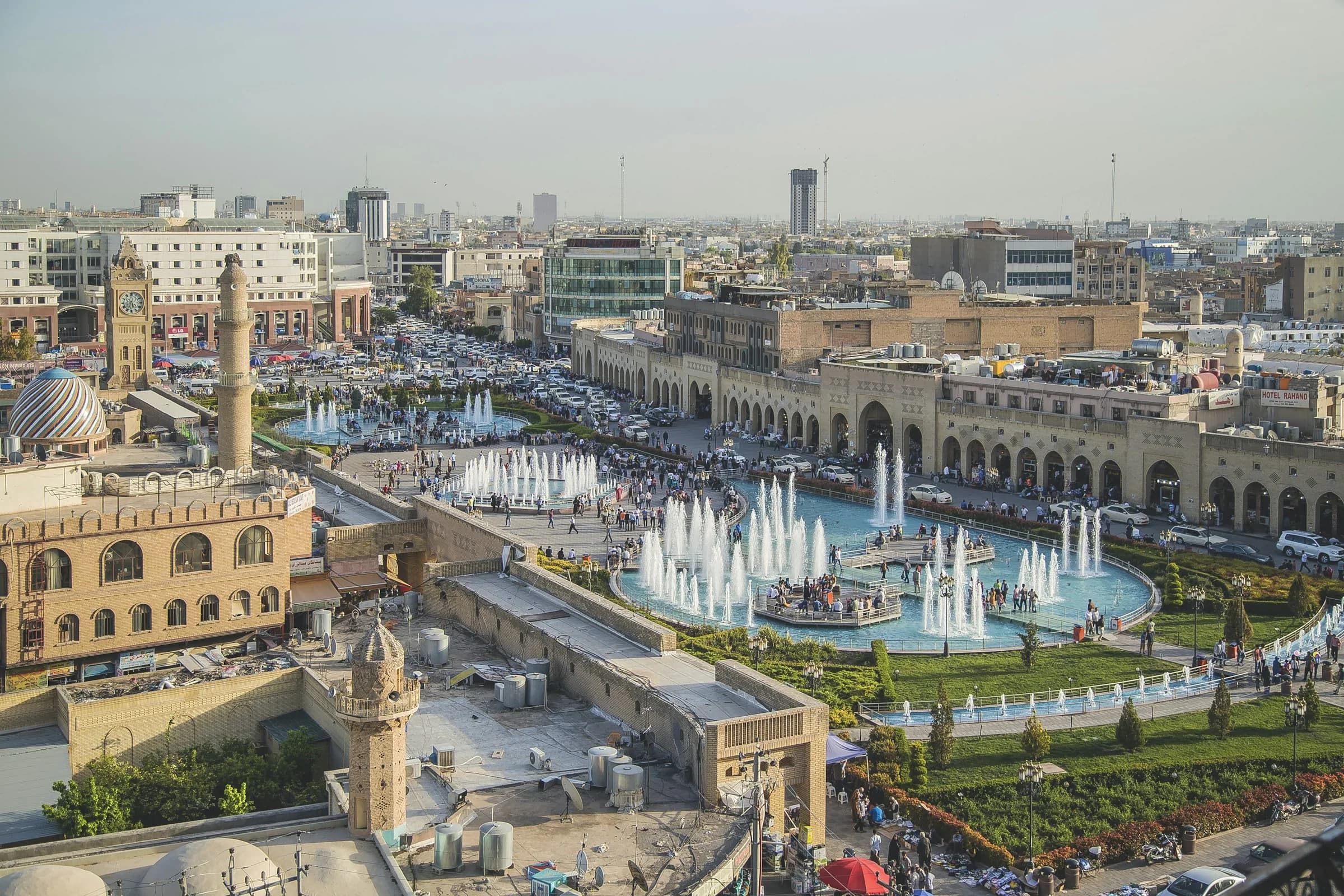 Erbil's city centre: the Citadel above the bazaar and the fountain square